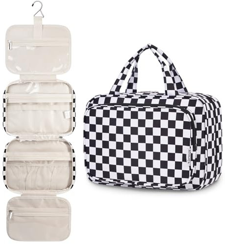 Narwey Kulturbeutel Damen Kulturtasche zum Aufhängen Waschtasche Kosmetiktasche Groß Waschbeutel Kosmetik-Organizer für Damen Mädchen(Schwarzes Schachbrett)
