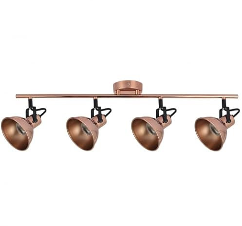 Brightium Regleta de 4 focos orientables GU10 en cobre y negro, dimensiones 20x78x12 cm, ideal para iluminación decorativa y funcional en diferentes espacios.