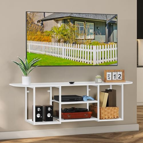 UOMIO Floating TV Stand with Open Shelves Modern White TV Cabinet 120CM Wall-Mounted Entertainment Console Center for Living Room Sturdy Multi-Compartment Media Console Unit