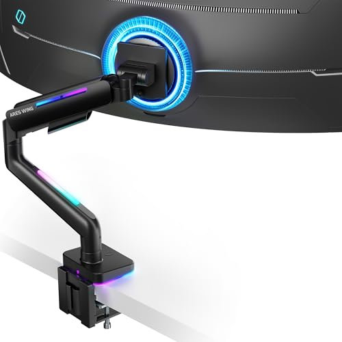 ARES WING Monitor Mount for 17 to 49 Inch Curved and Ultrawide Monitor, Monitor Arm Support up to 44lbs, Adjustable Gas Spring Clamp and Grommet Single Monitor Mount, Black