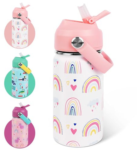 AMFUN Botella de Agua para Niños de Acero Inoxidable 350ml, Patrón de Arco Iris Botella de Agua Aislada, Botella Termica con Pajita, Reutilizable, Sin BPA, Sin Fugas, Asa de Transporte