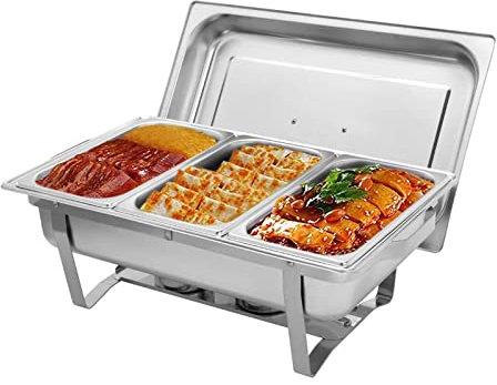 QUSYZD Stainless Steel 9L Hot Pot, Buffet Food Insulated Container Set with 3 1/3 Size Food Plate and Fuel Rack for Weddings, Parties, Banquets, Catering Events