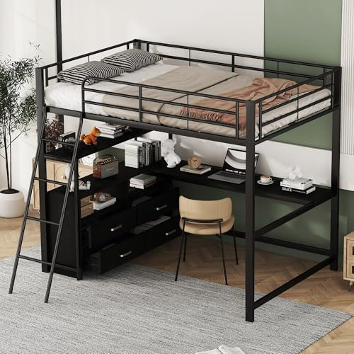 Dolamaní Hochbett Metall 140x200 cm für Kinder Jugendliche Erwachsene,Bett mit Schreibtisch Multifunktionaler Stauraum in Zonen-Regale & Schubladen (Schwarz B)