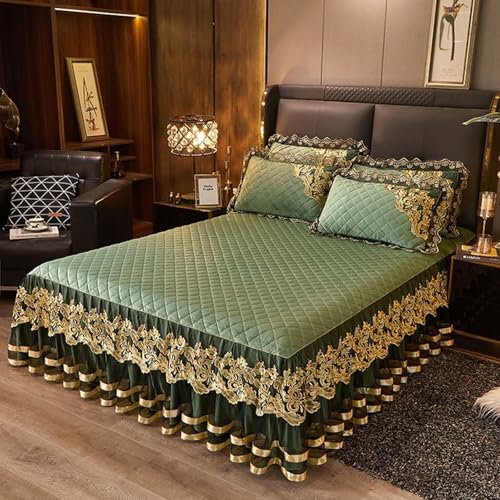 Homxi Drap Housse Ajustable avec 2 Taies d'oreiller,180 x 200 CM,Cache Sommier Polyester Motif de Dentelle Brodée avec Couleur Unie Housse de Matelas Fin Vert