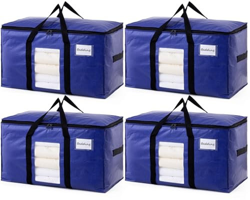 TAILI Moving Bags Extra Large,Clear Window & Reinforced Handles,Heavy Duty Storage Bags with Zips for Clothes,Beddings,Duvets,Moving,Camping,Travel,Loft Storage(4 Pack Deep blue)