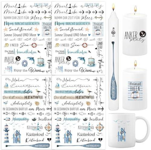 4 Blatt Kerzen Tattoo Folie Maritim Kerzentattoos Meer Rub On Sticker Kerzensticker Maritime Sprüche Blau Wasserschiebefolie Kerzen Dekoration Kerzenaufkleber für Kerze Tasse DIY Kerzenherstellung