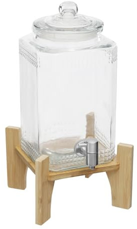 Dispensador de bebidas, recipiente de cristal con capacidad de 5 l, grifo de acero inoxidable 304, dispensador de mesa con soporte de madera para zumo, agua, té, leche para cocina, picnic, fiesta, bar