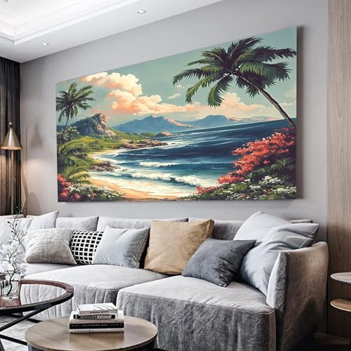 ZORYAN Strände Auf Hawaii Wandbilder Dekoration Wohnzimmer Leinwand Bilder | Blau Leinwandbild Schlafzimmer Deko, Wandbilder, Groß Kunstdruck Art Wanddeko Bild Decor Canvas 70x140 cm