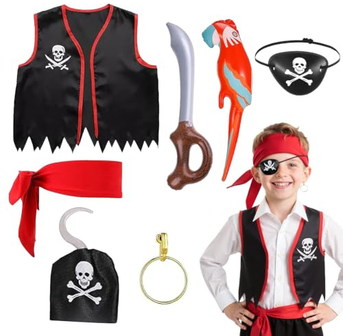 SEFIRST 7 Stück Kinder Piratenkostüm Zubehör, Piraten Kostüm Accessoires | Pirat Kopftuch Augenklappe, Piraten Weste, Dress Up Set, Captain Kostüm, Für Party Halloween Karneval Maskerade Cosplay