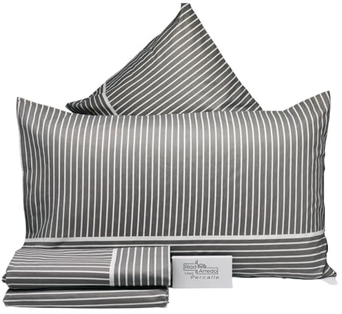 Riad Arredo Set Completo Letto in 100% Cotone Morbido Mano Percalle - Completo Letto Lenzuola Sotto con Elastico | Lenzuola da Sopra | federe (Capri Tortora, Francese)