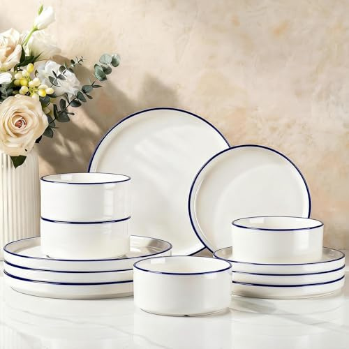 Richmount Dinner Set for 4, 12 Pieces Modern Porcelain Plates and Bowls Set, Dinnerware Sets Chip Resistant, Microwave & Dishwasher Safe, Ceramic Dish Set Service for 4, White with Blue Trim
