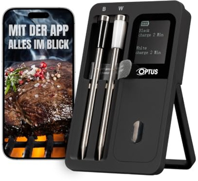 Optus Duo BF 40 Termómetro barbacoa Bluetooth con 2 sondas inalámbricas | Rango 0 a 100 °C, Bluetooth 5.2 hasta 60 m, pantalla sin app, IP67, alarma, USB C, mangos resistentes hasta 300 °C