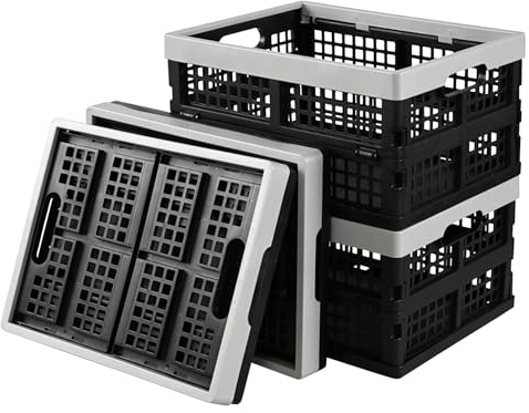 Vareone 4 Pack Folding Crate Stackable & Collapsible, 15L Storage Baskets | Foldable Plastic Storage Basket, Stackable Storage Bins with Handle, Desktop Storage Basket Boxes for Office Kitchen Bathroom