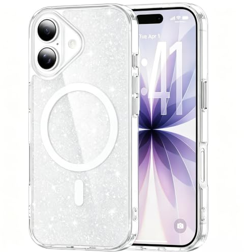 IMEIKONST Magnetic for iPhone 16 Case Clear Glitter Silver JXSF | Compatible with Magsafe, Slim Fit Transparent Cover, Sparkle Bling, Soft TPU Bumper Shockproof, for Women and Girls