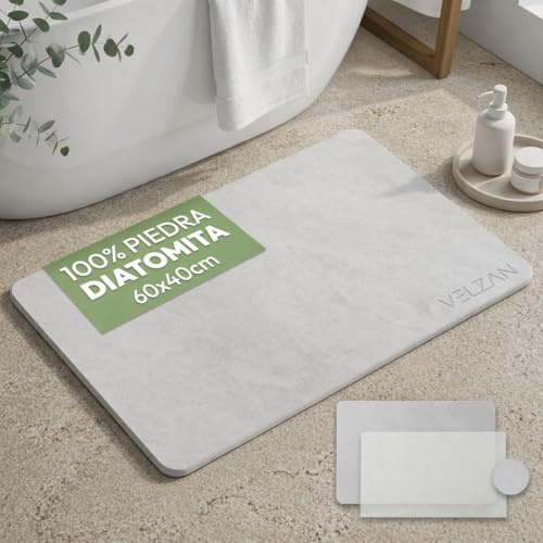 VELZAN Alfombra de Baño Diatomita 60x40 cm - Piedra de Secado Rápido, Antideslizante y Ultra Absorbente - Alfombra Versátil para Cocina, Mascotas y Más