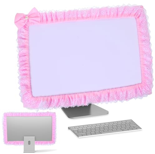 23''-27'' Pink Monitor Cover, Cute Computer Monitor Covers with Bow-Knot, Lace Fabric, Monitors Dust Cover, TV Monitors Covers, Monitor-Decoration