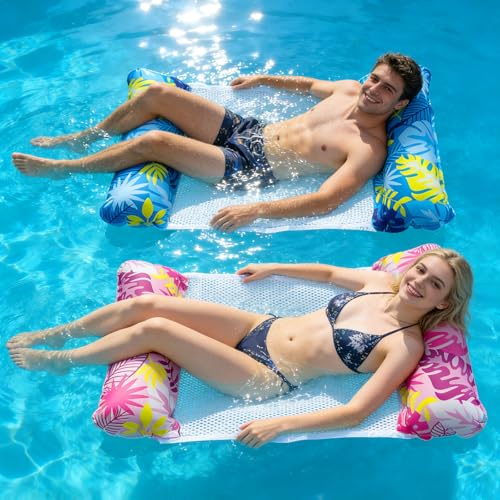 Carreuty Luftmatratze Pool, 2 Stück Wasserhängematte mit Netz Pool Zubehör 4 IN 1 Luftmatratze Wasser Pool Spielzeug Sitz Hängematte Erwachsene Wasserspielzeug PVC Wasser Hängematte Blau Rosa 130x70cm