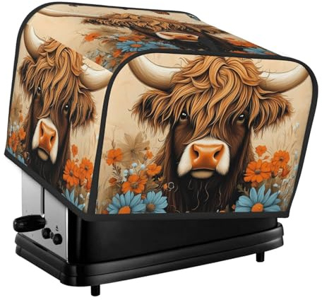 Highland Cow Flowers 4 Slice Toaster Cover – Waterproof Dustproof Oxford Fabric Protector With Side Pocket For Small Kitchen Appliances