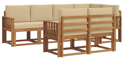 vidaXL Outdoor-Sofagarnitur mit Kissen 7 pcs Natur und Beige, Garten Lounge Set, modernes Outdoor-Sofa, Bequeme Gartenmöbel, massives Holz-Sofa, vielseitige Garten-Couch