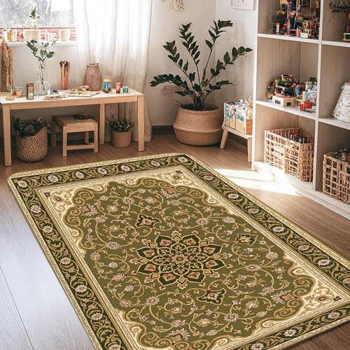 Mandala-Teppich, traditionell, elegant, floral, kunstvoll, nein, olivgrün, rutschfeste Kanteneinfassung, rechteckig, für Wohnzimmer, Schlafzimmer, Klassenzimmer, Studentenwohnheim, Dekoration, 122 x