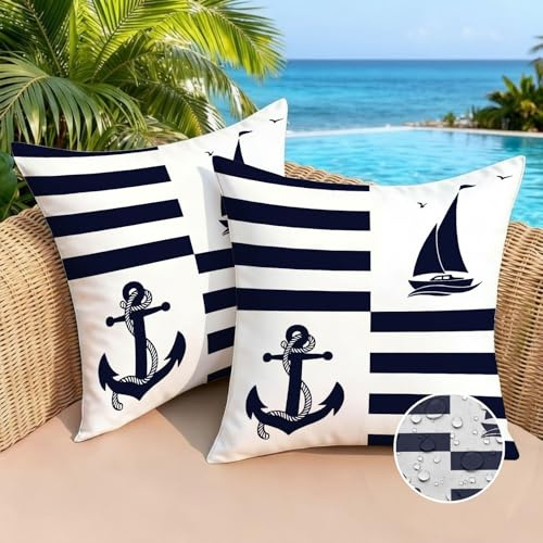Brylleii 2er Set Kissenbezug Outdoor Wasserdicht Sofakissen 50x50 cm Wasserfest Dekokissen Kissenbezüge Dekorativ Kissen Meer Blau Streifen Kissenhüllen Polyster für Garten Sofa Wohnzimmer Bett