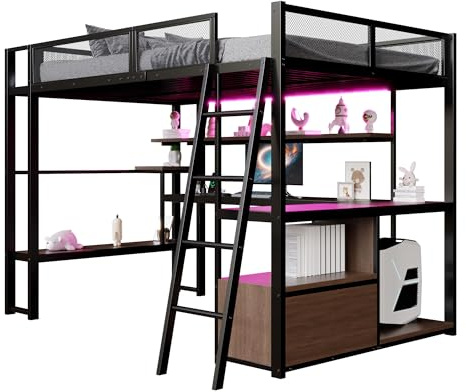 SOFTWEARY Hochbett mit Eckschreibtisch, LED-Streifen, PC-Ständer, Steckdose, USB, Rausfallschutz, Regal, Schrank, Kinderbett, Jugendbett, Metallbett (schwarz, 140x200 cm)