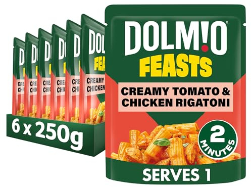 Dolmio Feasts Creamy Tomato and Chicken Rigatoni Pouch, 6 x 250g, Multipack | Quick and easy, convenient meal. Instant microwave pasta ready in 2 minutes, with no artificial flavouring, serves 1