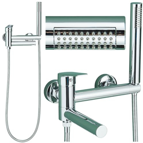 Badewannenarmatur Slim Tube Wandmontage mit klappbarem Auslauf, Duscharmatur mit Handbrause und Keramikkartusche, Badewannenarmatur aus Messing für Badezimmer (Chrom)