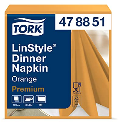 Tork 478851 Premium Linstyle Orange Dinner Napkin / 1 Ply Absorbent Unprinted Serviette in Orange Cream / 12 x 50 Sheets (WxL: 19.5cm x 19.5cm)