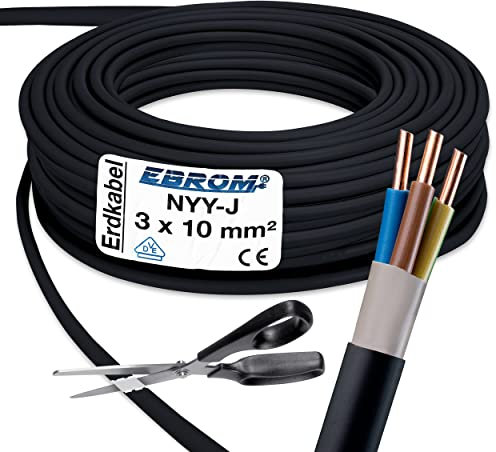 EBROM Câble d'Alimentation NYY-J 3 x 10 mm² - Noir - Vendu au Mètre Exact : Sélection par Incréments de 5 Mètres, à Partir de 5 Mètres