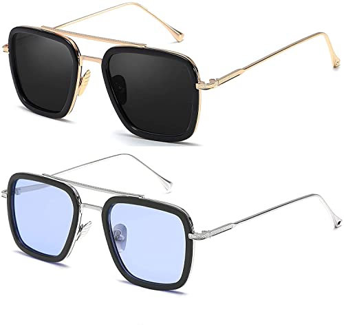 SHEEN KELLY 2 PCS Retro Sonnenbrille Quadratische Metallrahmen für Männer Frauen Klassiker Sonnenbrille Piloten Schwarz Linsen 1:1