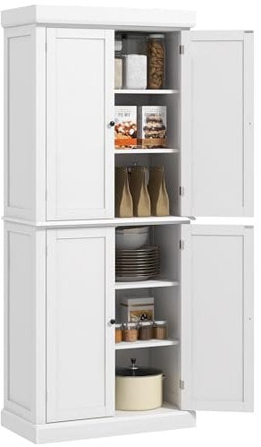 HOMCOM Freestanding Kitchen Cupboard with 4 Doors, Modern Storage Cabinet Organizer with 6-Tier Shelving and 4 Adjustable Shelves, White