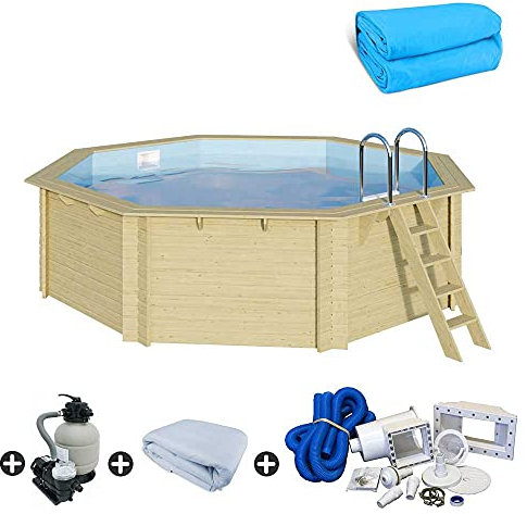 Trend Holzpool Set Achteck 470 x 470 x 124 cm Innenhülle blau