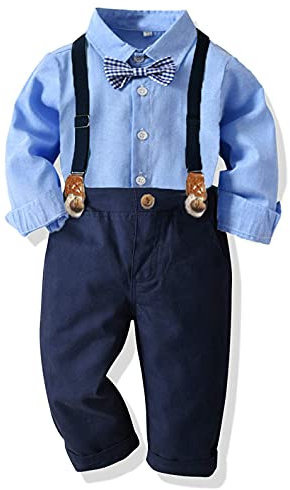 Yokald Baby Jungen Anzug Bekleidungssets Kleid Strampler hosenträger Fliege Krawatte 4tlg Anzug Gentleman Festliche Taufe Hochzeit Langarm Baby Kleikind 6 Monate 6 Jahre (Blue005, 6-12 Monate)