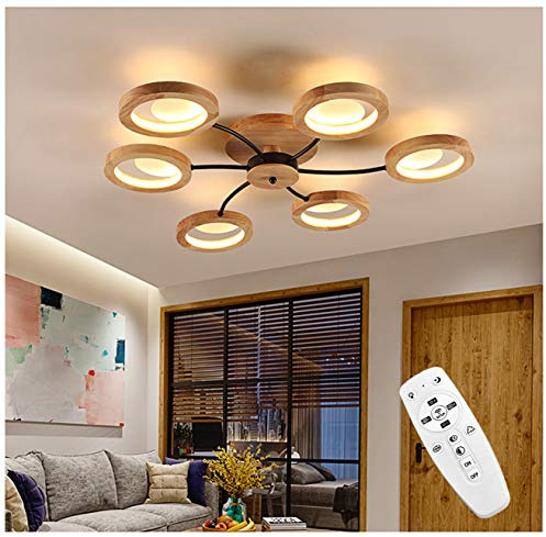 Azanaz Massivholz-Deckenleuchte mit Fernbedienung,Dimmbare LED Lampe mit 6 Runden Lichtringen & Farbtemperatur-Wechsel,3000K-6500K,Moderne Deckenlampe für Wohnzimmer, Schlafzimmer,48W