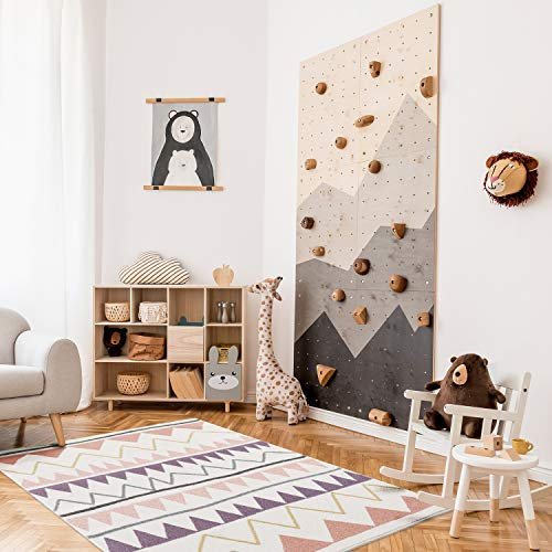 payé Teppich Kinderzimmer - Cream - 80x150 cm - Abstrakt Berge Pastellfarben - Geometrisch Dreieck- Kurzflor Kinderteppich - Spielteppich - Oeko-Tex Standard 100