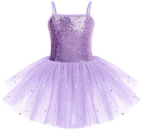 IWEMEK Kids Girls Sequins Leotard Tutu Ballet Dress Sleeveless Spaghetti Strap Skating Gymnastics Children Dancewear Fairy Swan Dance Dresses Performance Ballroom Dancer Costume Purple 7-8 Years