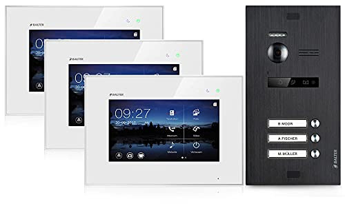 Balter EVO Video-Türsprechanlage für 3 Familienhaus, 3X 7 Zoll Monitor, Türstation Schwarz, Klingel, 2-Draht Bus, 150° Weitwinkel-Kamera, Ohne App