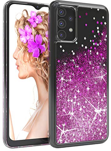 EAZY CASE Hülle kompatibel mit Samsung Galaxy A32 5G Schutzhülle mit Flüssig-Glitzer, Handyhülle, Schutzhülle, Back Cover mit Glitter Flüssigkeit, TPU/Silikon, Transparent/Durchsichtig, Lila