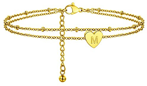 PROSTEEL Damen Fußkette Buchstabe M 18k vergoldet doppellagige Fußarmband mit Herz Charms schlichte Mädchen Fußkettchen 22+5cm Rolokette Knöchel Armband Sommer Schmuck Accessoire