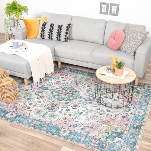 FRAAI | Home & Living Teppich Vintage - Lily Oriental Blau Rosa - Baumwolle - Flachgewebe - Vintage - Wohnzimmer, Esszimmer, Schlafzimmer - Carpet
