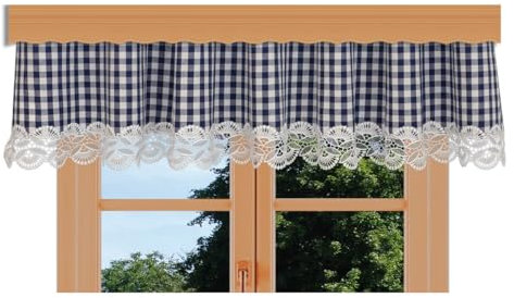 kollektion MT Querbehang Hannah mit Vogtländischer Spitze – hochwertige Landhaus-Gardine blau-weiß kariert | rustikaler Baumwollstoff Blickdicht | Volant mit Reihband Höhe x Breite 30 x 180 cm