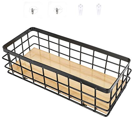 Black Wire Basket 1 Set Wall Mounted Metal Wire Basket with Wood Board Rustic Planter Display Shelf Food Storage Mesh Basket Bin Pantry Organizer for Home Kitchen Bathroom Black L