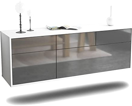 TV Schrank Lowboard hängend - Ludwigshafen - Korpus Weiss matt - Front Hochglanz Design Grau- (136x47x35cm) - Push to Open Technik & hochwertigen Leichtlaufschienen - Made in Germany
