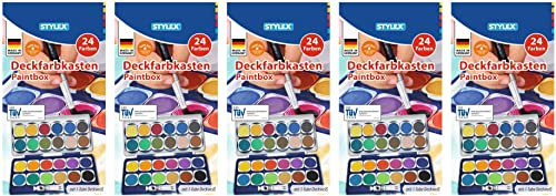 Stylex 28179 - Deckfarbkasten mit 24 Wassermalfarben und Einer Tube Deckweiß, Abnehmbarer Deckel mit 6 integrierten Feldern zum Mischen, ohne Pinsel (5)