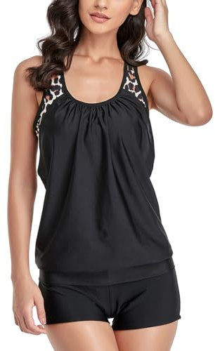 IHCEMIH Maillot de Bain 2 Pieces Femme Tankini Push up Rembourre Amincissant Taille Haute Mayo Maillots Bain Piscine Plage Natation Été Vintage Monokini Top Bikini Boxer Short Ensemble Madame Noir XXL