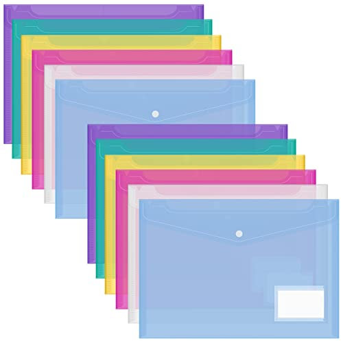 FYY Dokumententaschen A4,Klarsichthülle A4 Dokumentenmappe mit Etikettentasche,Druckknopf Sichttasche A4 Transparent, Dokument Organisieren für Papier,Quittungen,Hausaufgaben, Schulbüro,12 Stück,Farbe