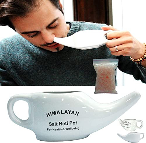 Ceramic Neti Pot with Himalayan Salt, 200gm Neti Pot Sinus Rinse Kit with Neti Salt, Neti Pot Nasal Flushing Cleanser Sinus Relief Nasal Rinse Saline Solution Health Ceramic Neti Pot