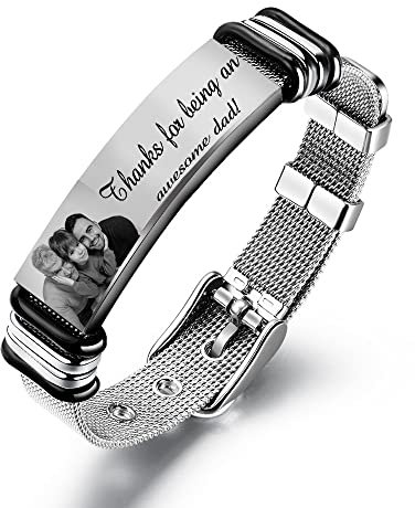kaululu Herren Personalisiert Armbander mit Namen Foto Gravur Silber Edelstahl Armband Geschenk für ihn Vatertag/Valentinstag/Geburtstag/Weihnachten
