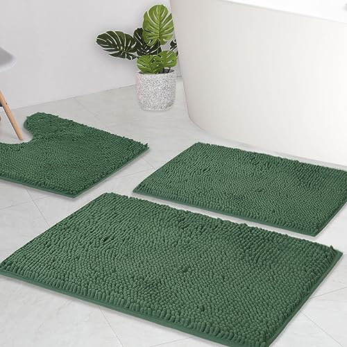 AINAHYVA Badezimmerteppiche, Chenille-Badematte, 3-teiliges Set, super saugfähig, starke PVC-Unterseite, Badematten für Badezimmer, Plüsch, zottelig, dick, maschinenwaschbar, Badewanne, WC, Dunkelgrün